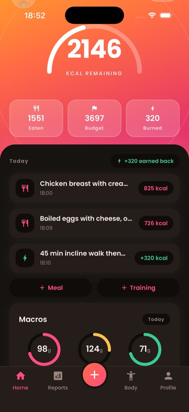 Only Fitness home dashboard showing calories remaining and macros