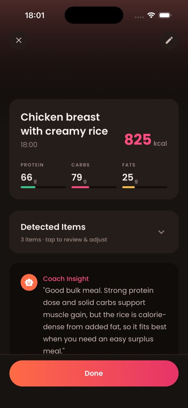 Meal analysis with calories and macros in the Only Fitness app